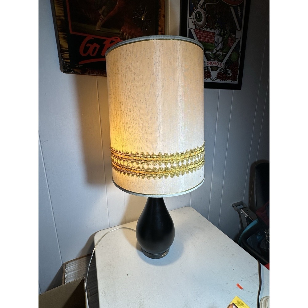 VTG MCM Table Lamp 2 Light Black Teardrop Base Drum Shade Gold Trim 35" Atomic